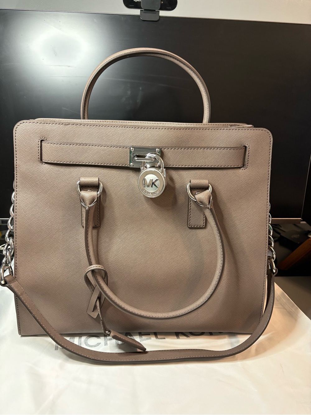Michael Kors Hamilton Leather Tote in Cement (grey-taupe) with Padlock Charm